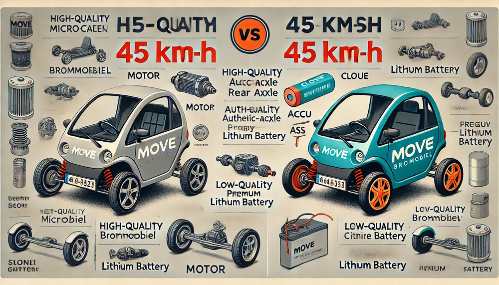 vergelijking tussen een originele brommobiel van hoge kwaliteit en een goedkope namaakvariant, met focus op motor, accu en as
