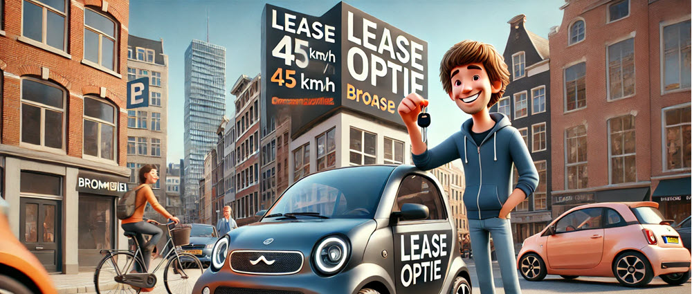 Rijbewijsvrije brommobiel in een drukke stad geparkeerd met een ‘Lease Optie’ aanduiding, symbool voor betaalbaar en gemakkelijk vervoer